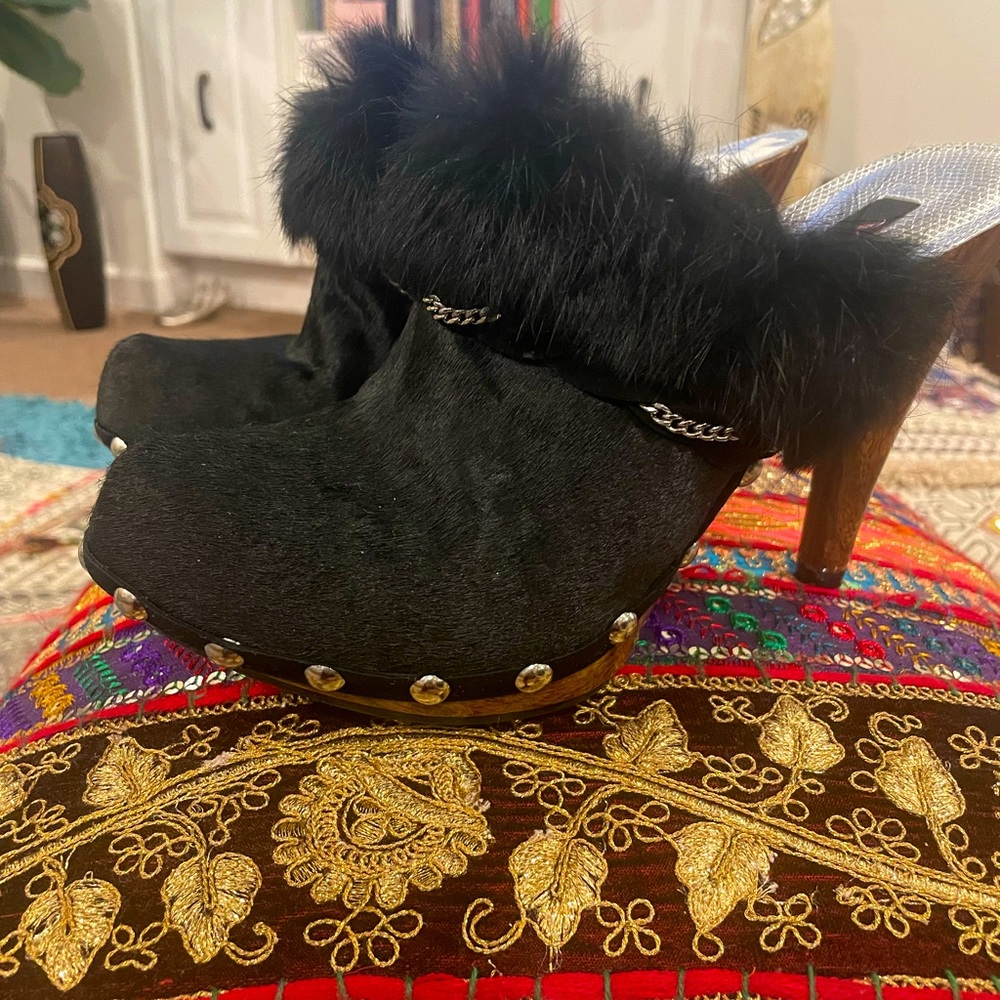 Nina Black Faux Fur Clog Mules with Studded Trim